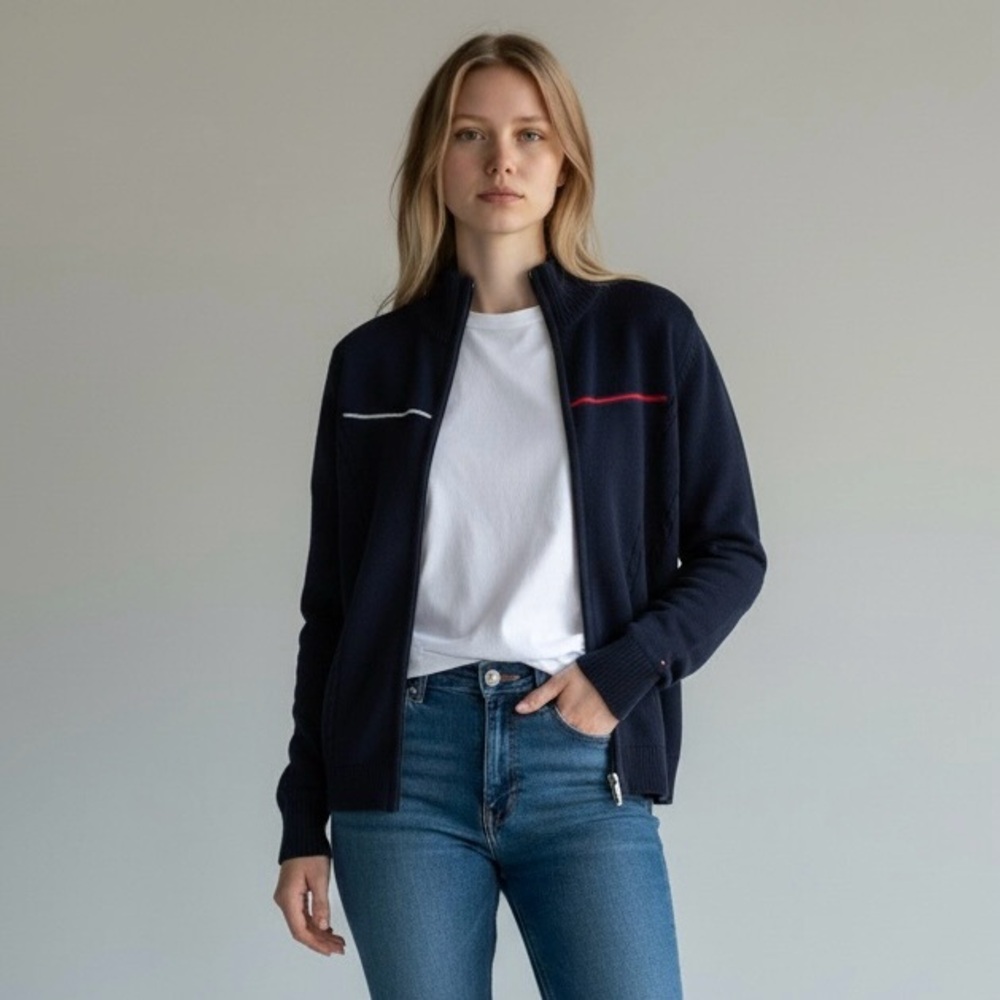 Tommy Hilfiger y2k full zip Navy sweater Jacket size large preppy